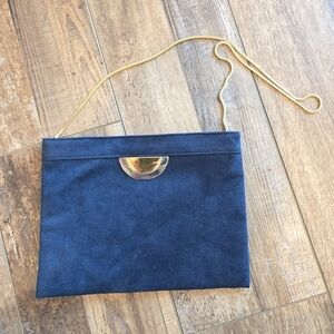 Vintage REVA Navy Blue Ultra Suede Clutch / Shoulder Bag Gold Hardware